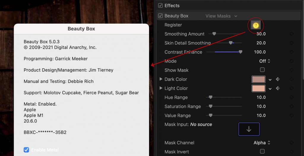 Registration dialog for Beauty Box or any Digital Anarchy plugin